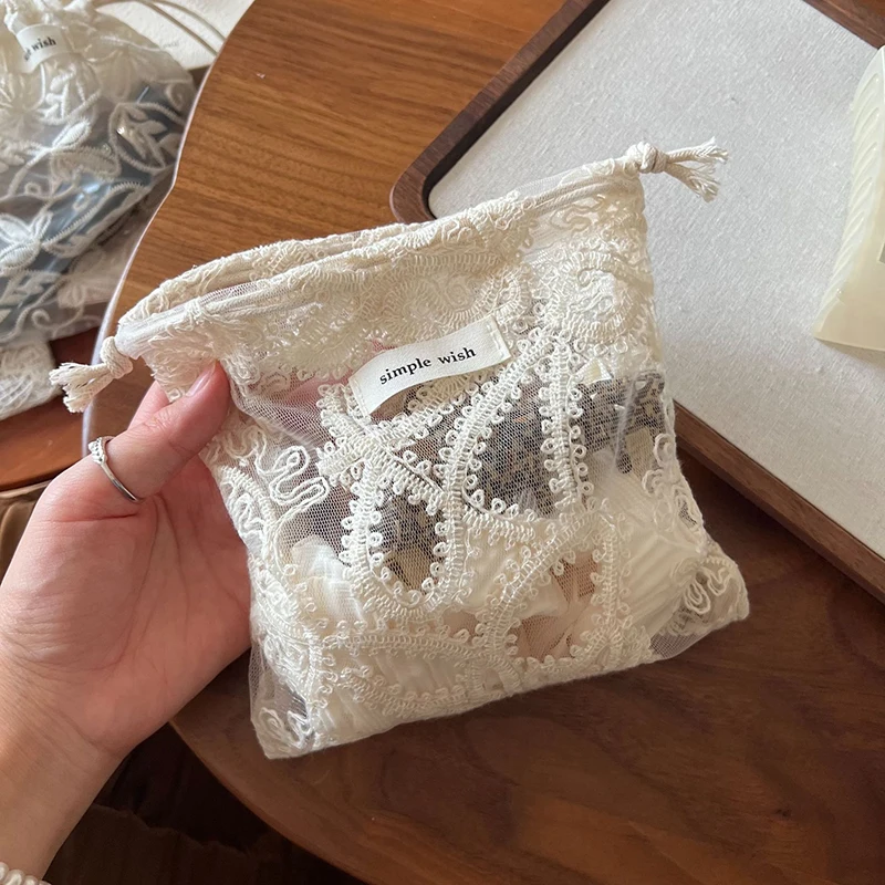 5pcs Drawstring Bags Women Cotton Plain Lace Embroidered Cotton Yarn Single Layer Storage Bag