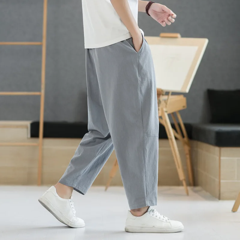 Summer Linen Harem Pants Men's Japanese Vintage Casual Jogger Trousers Loose Lightweight