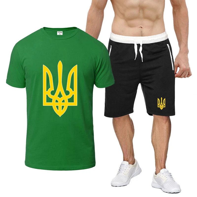 

2025 Summer Ukraine Logo Print Men's New Eight-color Short-sleeved Set T-shirt+ Sports Pants Breathable Casual Suit
