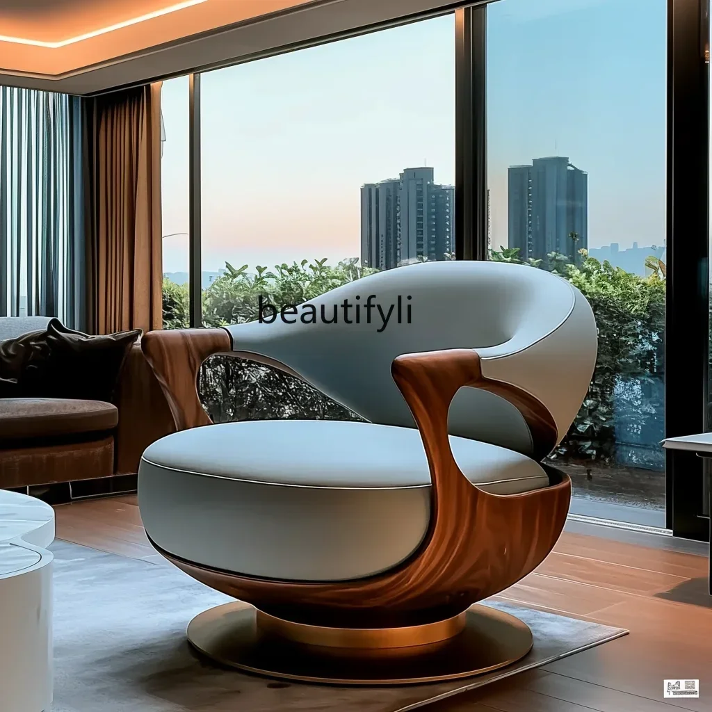 

FItalian minimalist large flat balcony walnut leather ingot chair light luxury modern leisure single sofaQ