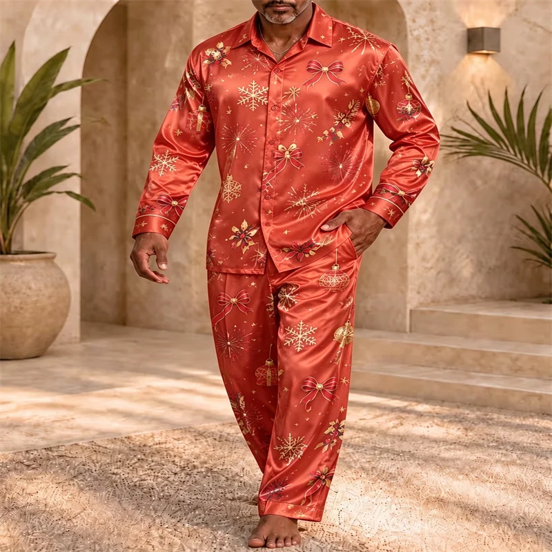Men Satin Christmas Pajama Set Long Sleeve Button Down Shirt & Pants Xmas Bow Snowflake Print Luxury Silk Sleepwear Holiday Loun