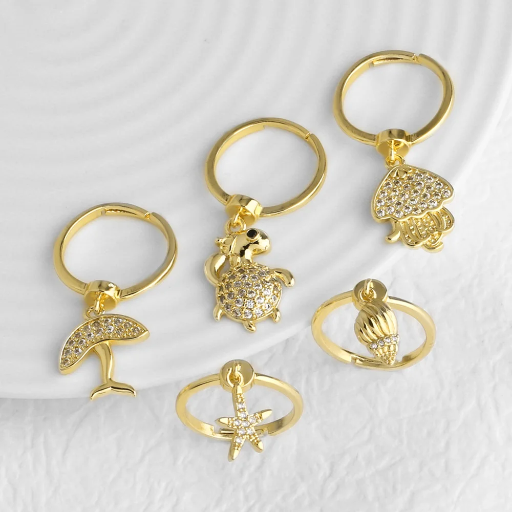 OCESRIO White Crystal Small Turtle Statement Women Rings Copper Jellyfish Whale Tail Star Open Ring Fashion Jewelry Gift rigs38