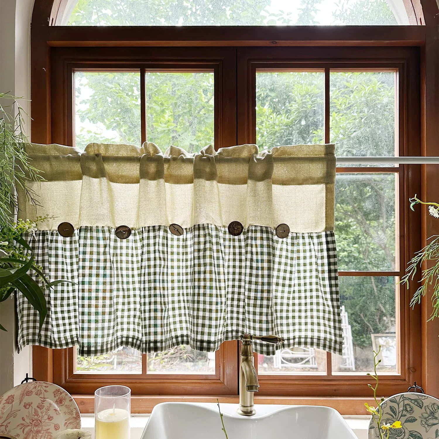 Rustic Farmhouse-Style Vintage-Print Two-Tone Plaid Green Short Curtain,With Button-Up Design Half Curtians For Windows,Kitchens
