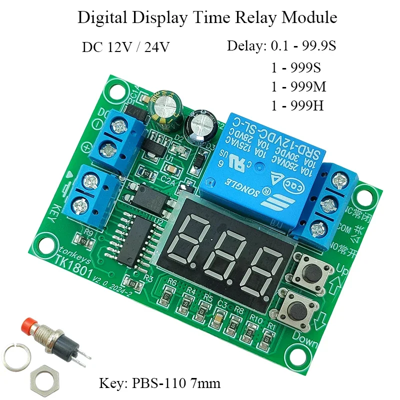 12V/24V Time Delay Relay Module with Display Adjustable 1-999 Seconds Delay NO/NC Normal Open Close for Circuit Control