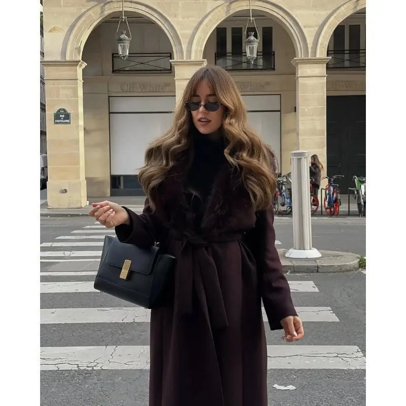 معطف نسائي أنيق بياقة من الفرو معطف صوفي أنيق بياقة على شكل حرف v وأكمام طويلة وأربطة معاطف طويلة فضفاضة للسيدات ملابس خارجية للشارع للتنقل اليومي