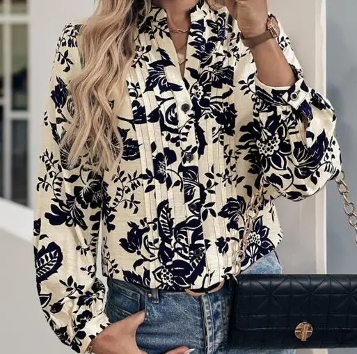 

Women's Shirt Spring Summer New Elegant Casual Style Flower Print Pleated Design V-Neck Loose Button Front Long Sleeved Shirt