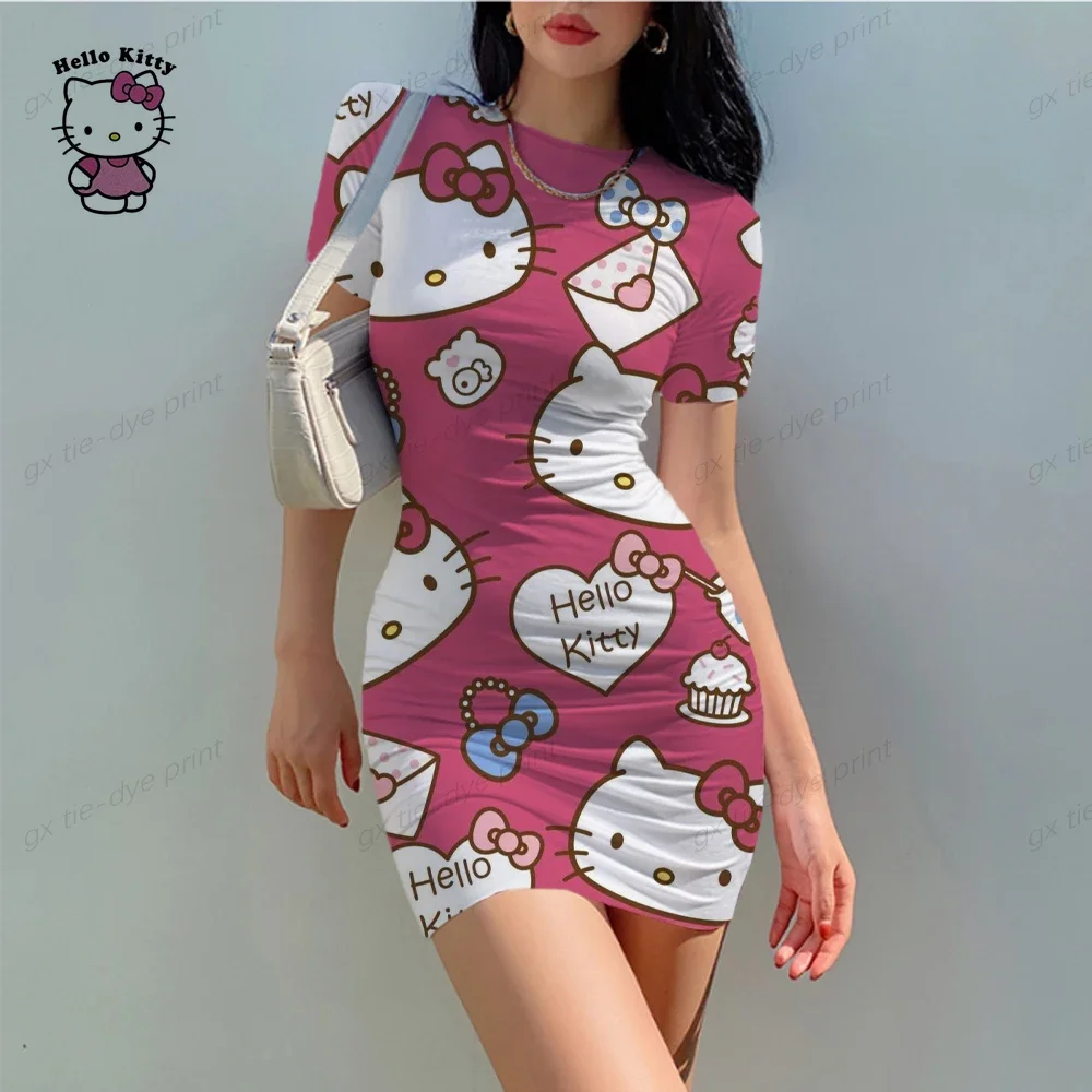 Hello Kitty Sexy Strakke Geplooide Taille Mini Rok Pittige Meisje Slim Fit Jurk Bodycon Dames Tank Top Cortos Party