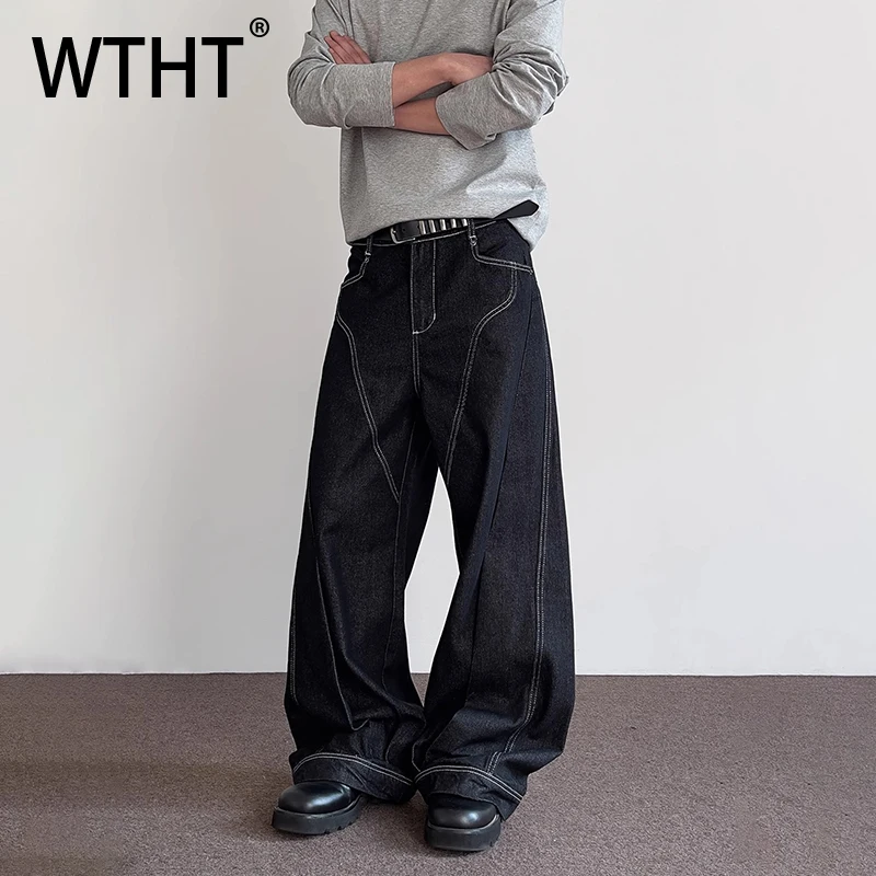 

WTHT Fashion Men's Striped Patchwork American Style Denim Pants Vintage High-waisted Wide Leg Jeans Male 2025 Summer 2A1193