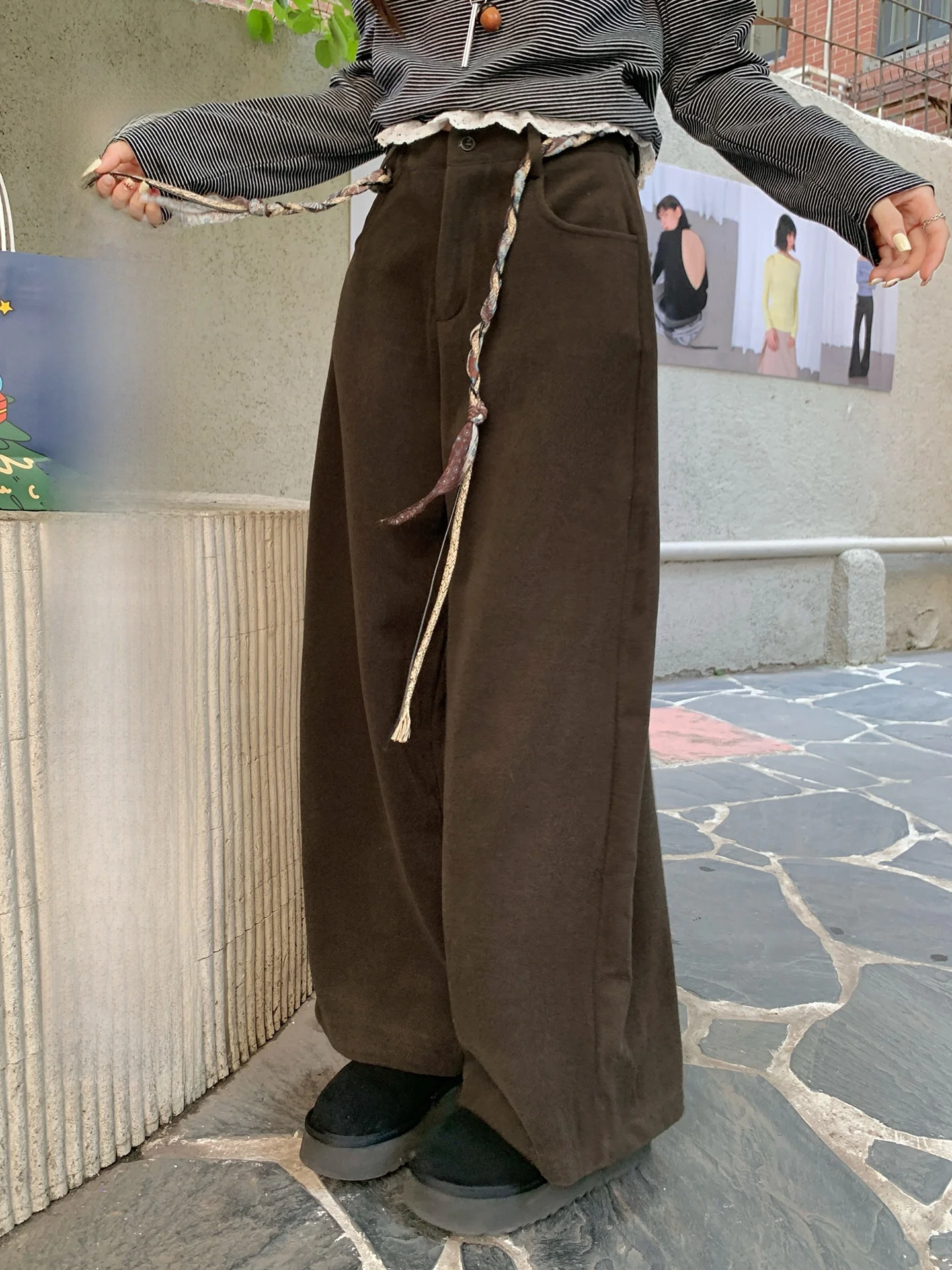 

Brown Wool Blend Casual Pants Loose Straight Leg Wide Leg Versatile Lazy Sle High Waist Button Closure Comfortable Fit