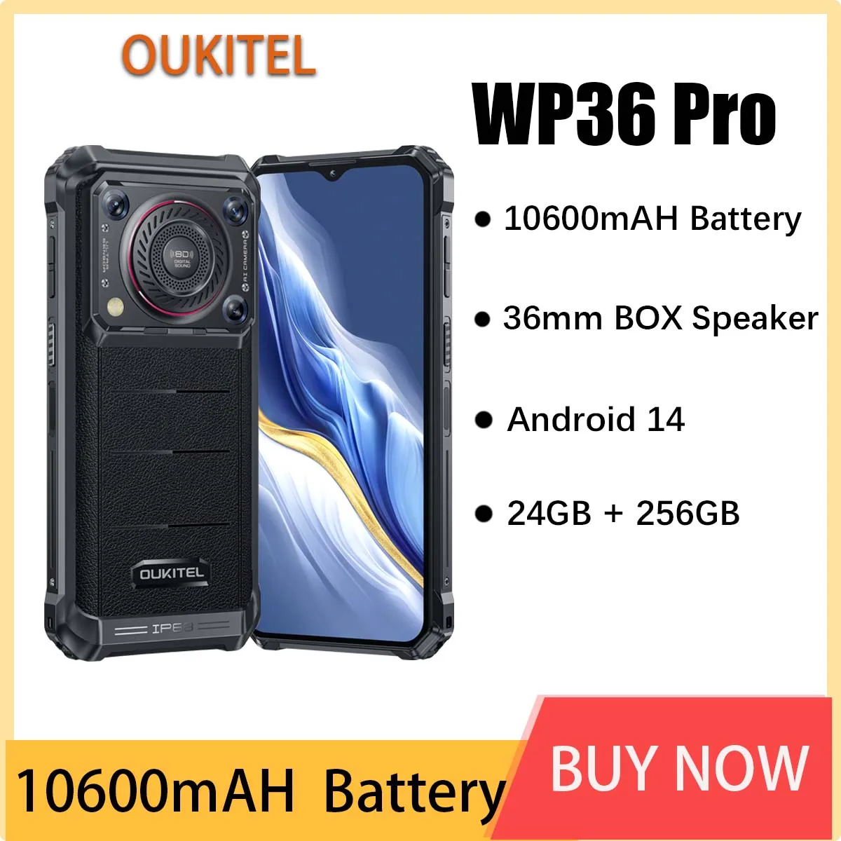 OUKITEL WP36 Pro Rugged Phone 10600mAh Battery 36mm BOX Speaker Smartphone 6GB+256GB 13MP Main Camera Android 14.0 Phone