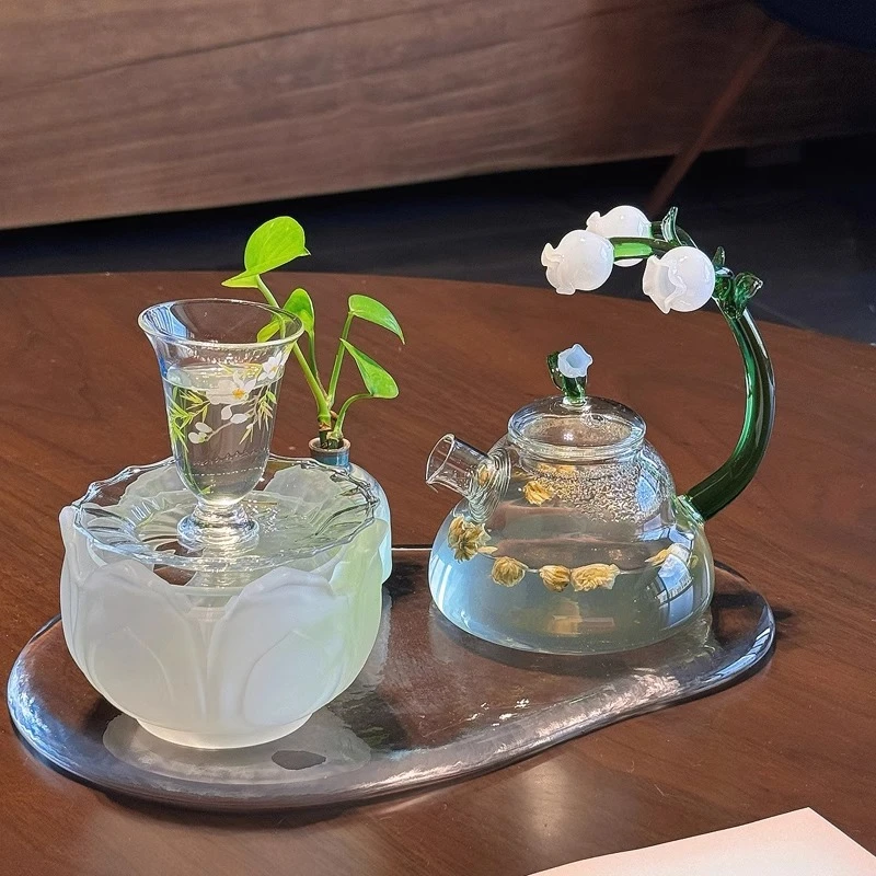 ‌Hand-blown Borosilicate Glass Teapot Floral Tea Gift Set for Girl Zen Tea Ceremony Kit for Afternoon Tea Ritual Teaware Sets