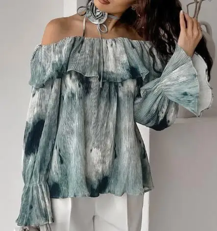 

Women Blouse 2025 Spring New Floral Decor Tie Dye Off Shoulder Flared Sleeve Shirt Casual Loose Long Sleeve Daily Top