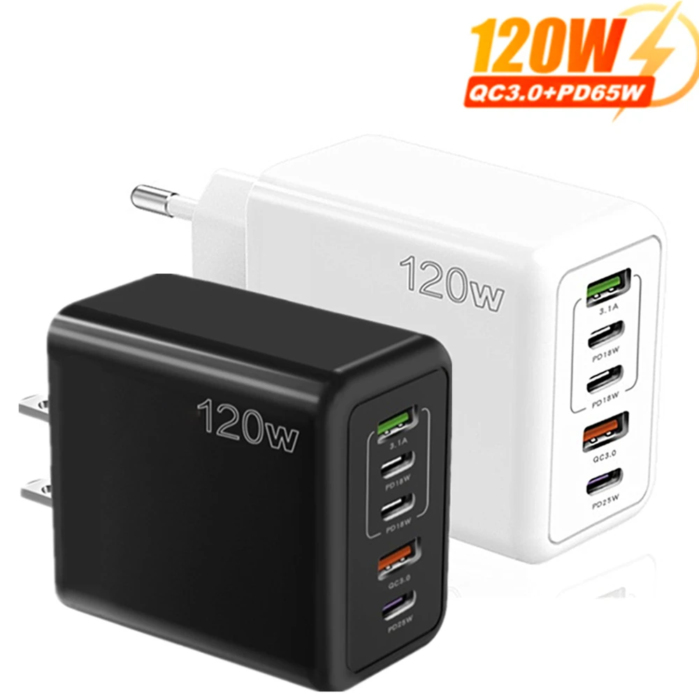 120W 5 in 1 2 USB 3 Type C Quick Charging Fast Wall Charger For iPhone Samsung Xiaomi Huawei Oppo Mobile Phone Adapter