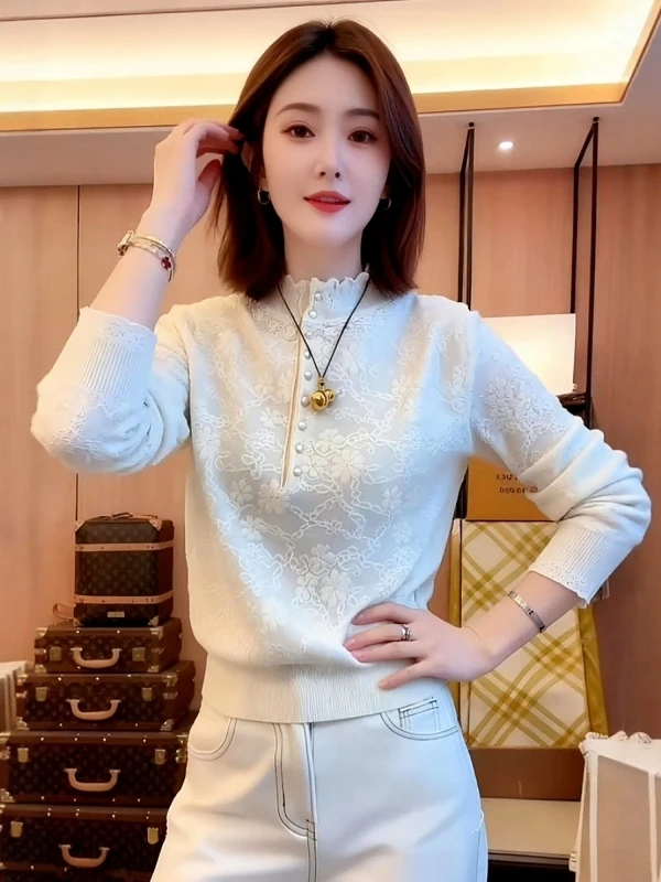 Large Size Lace Knitted Sweater with Wood Grain  Inner Shirt Style Pearl Embellished Top Small Fragrance Style Autumn Fas...
