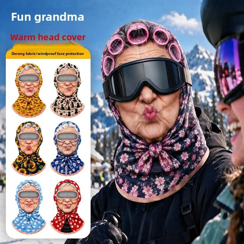 Thermal Hood Granny Face Digital Printing Funny Hood German Velvet Cold Proof Cycling Mask Winter Warm Windproof