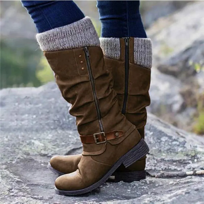 Winter Women Long Boots Round Toe Low Heel Mid-Calf Boots Knitted Patchwork Side Zipper Lace-Up Female Motorcycle Boots Botas