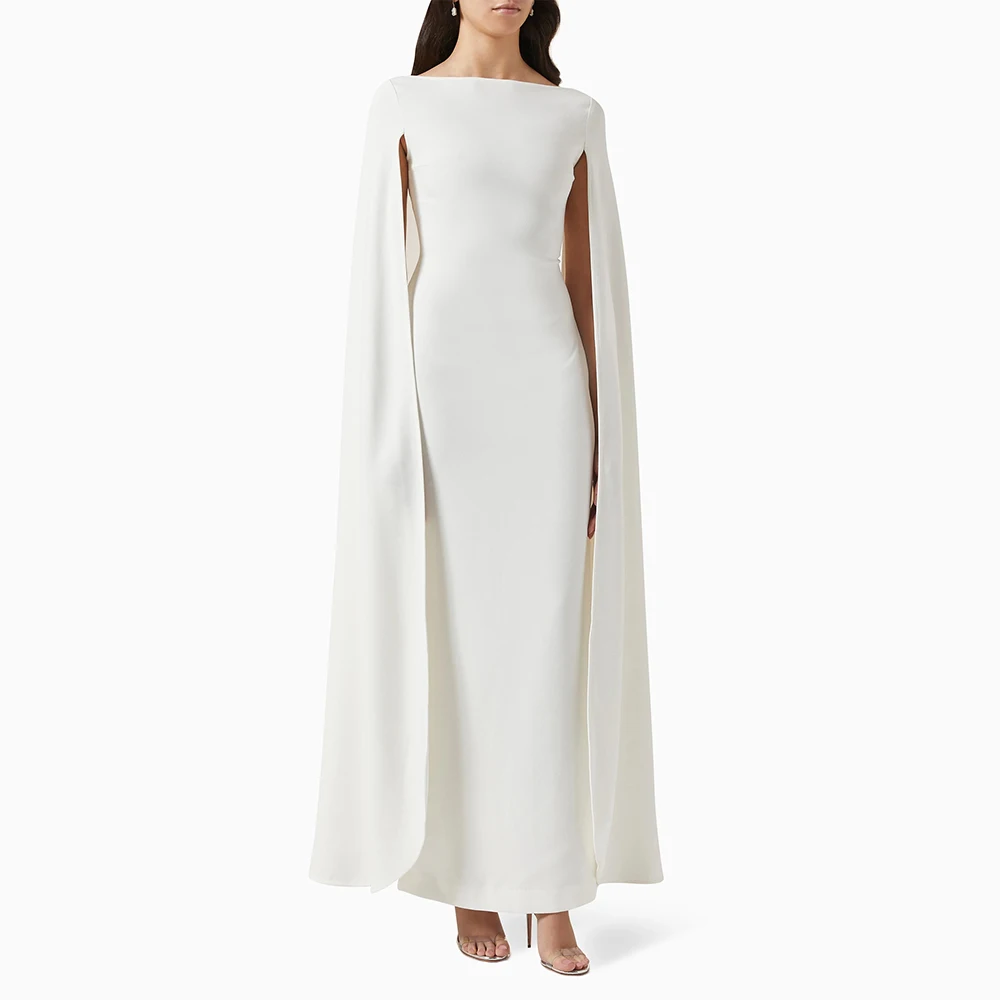 

Women's Prom Dresses White Ankle Length Cloak Sleeves Column Prom Gowns Maxi Boat Neck Back Split 2025 Wedding Evening Dress