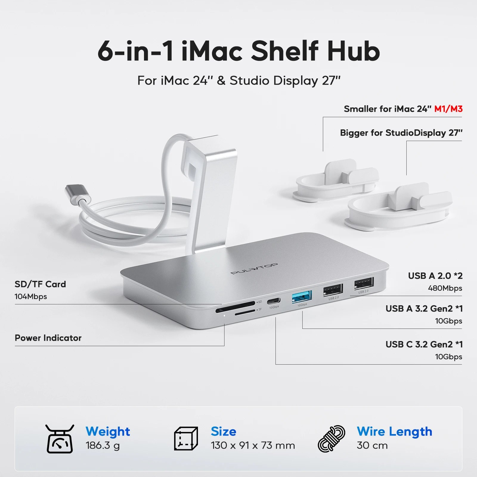 PULWTOP iMac Accessories for iMac M1/M3/M4 with USB A/C 10Gbps, 2 USBA 2.0, SD/TF for iMac 24 inch & Studio Display