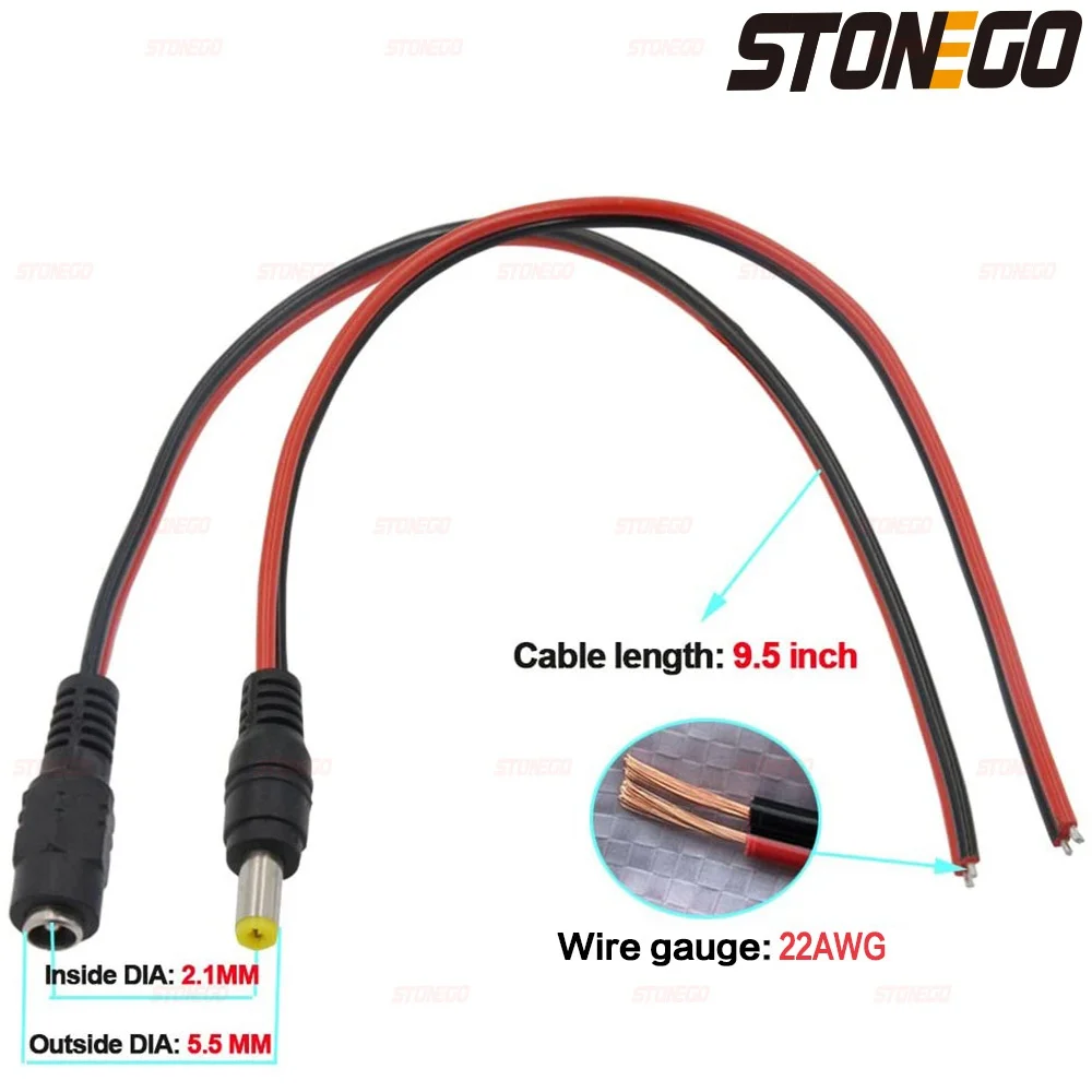 STONEGO-12V DC macho e fêmea Jack conectores, cabo de fio, adaptador, fonte de alimentação, 5,5x2,1mm, 10 pcs, 20 pcs, 50pcs