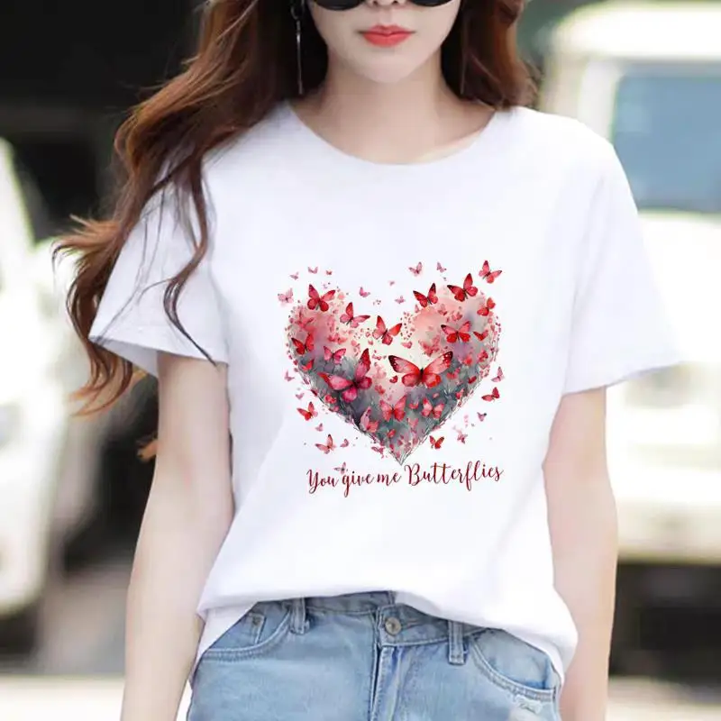 Modal Fabric Sweet Butterfly Flower Flower Word Mother-daughter Print Casual Short Sleeve T-shirt Aesthetic Clothes  Harajuku