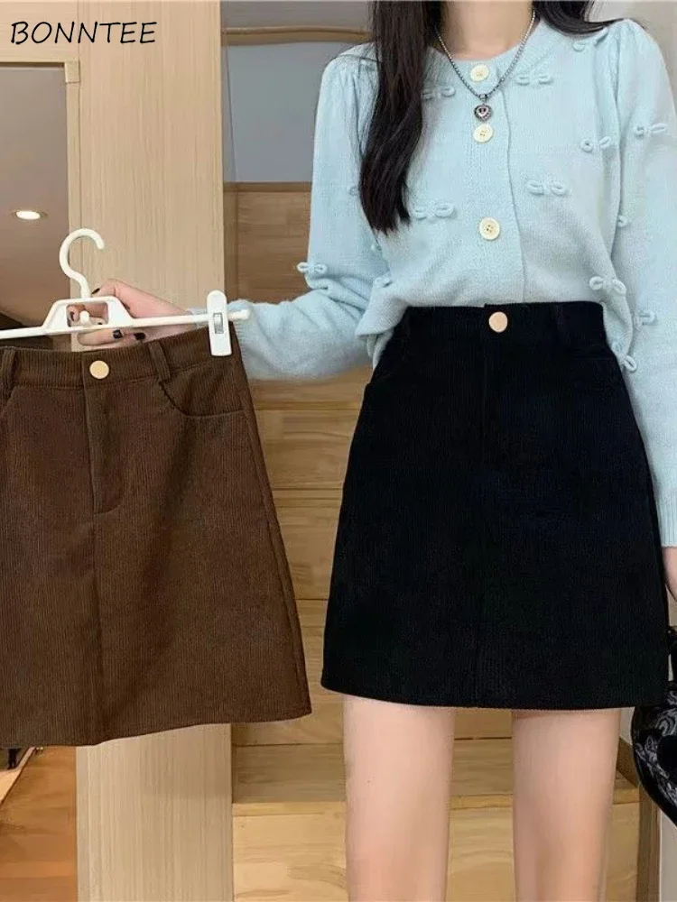 Corduroy Mini Skirts for Women Simple High Wait Fashion Autumn Winter A-line Faldas Tender College Girls All-match Korean Style