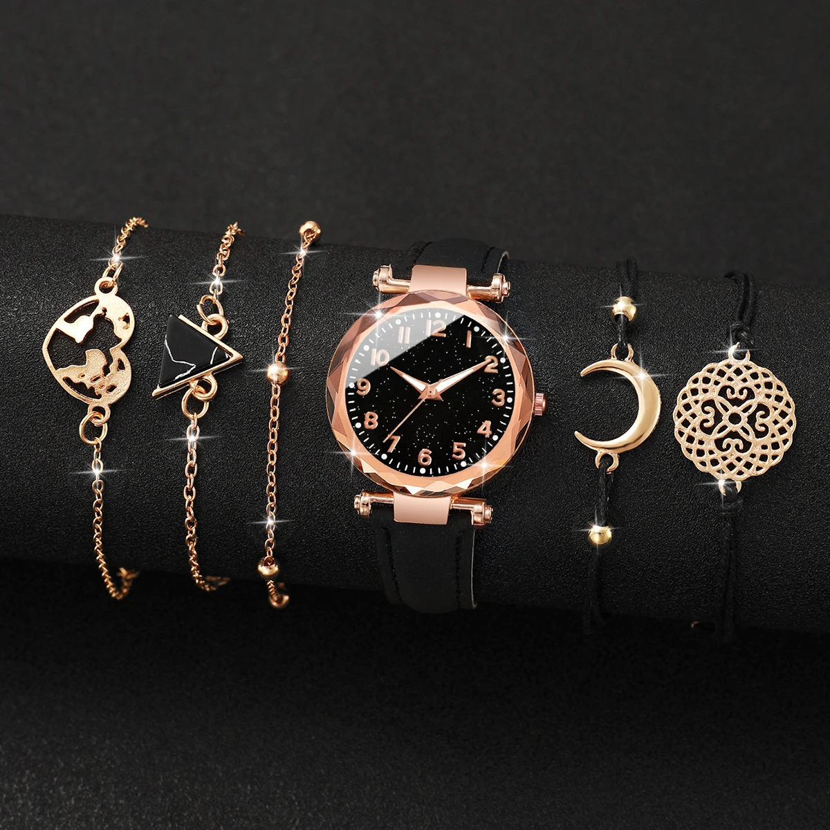 6 stks/set damesmode horloge ronde Arabische cijfers wijzerplaat lederen band quartz horloge met zwarte driehoekige armband