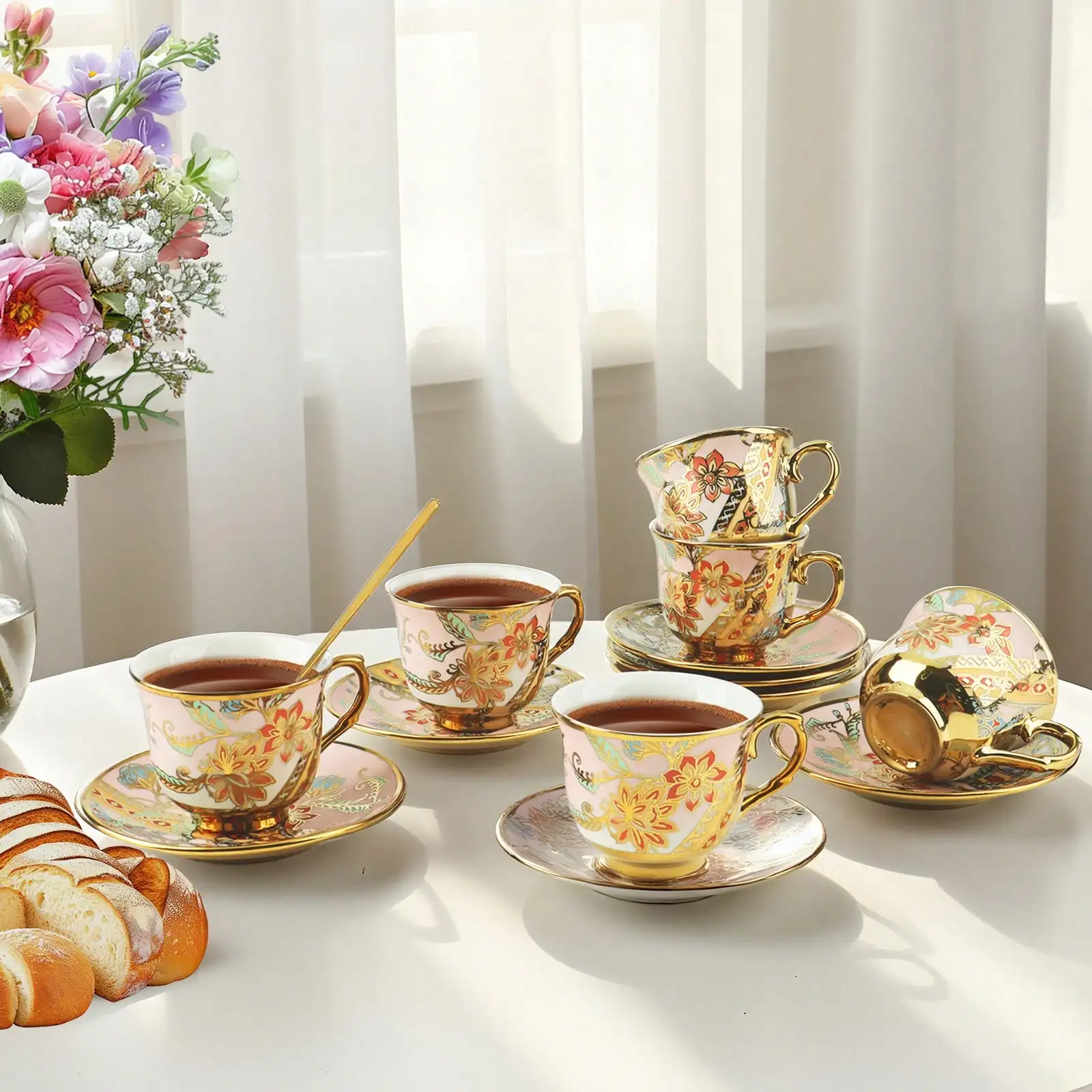 

6-Piece Floral Ceramic Tea Cup Set With Saucers | 3.5oz Espresso Cappuccino Coffee Cups | Elegant Tea Party Gift For Women Mothe
