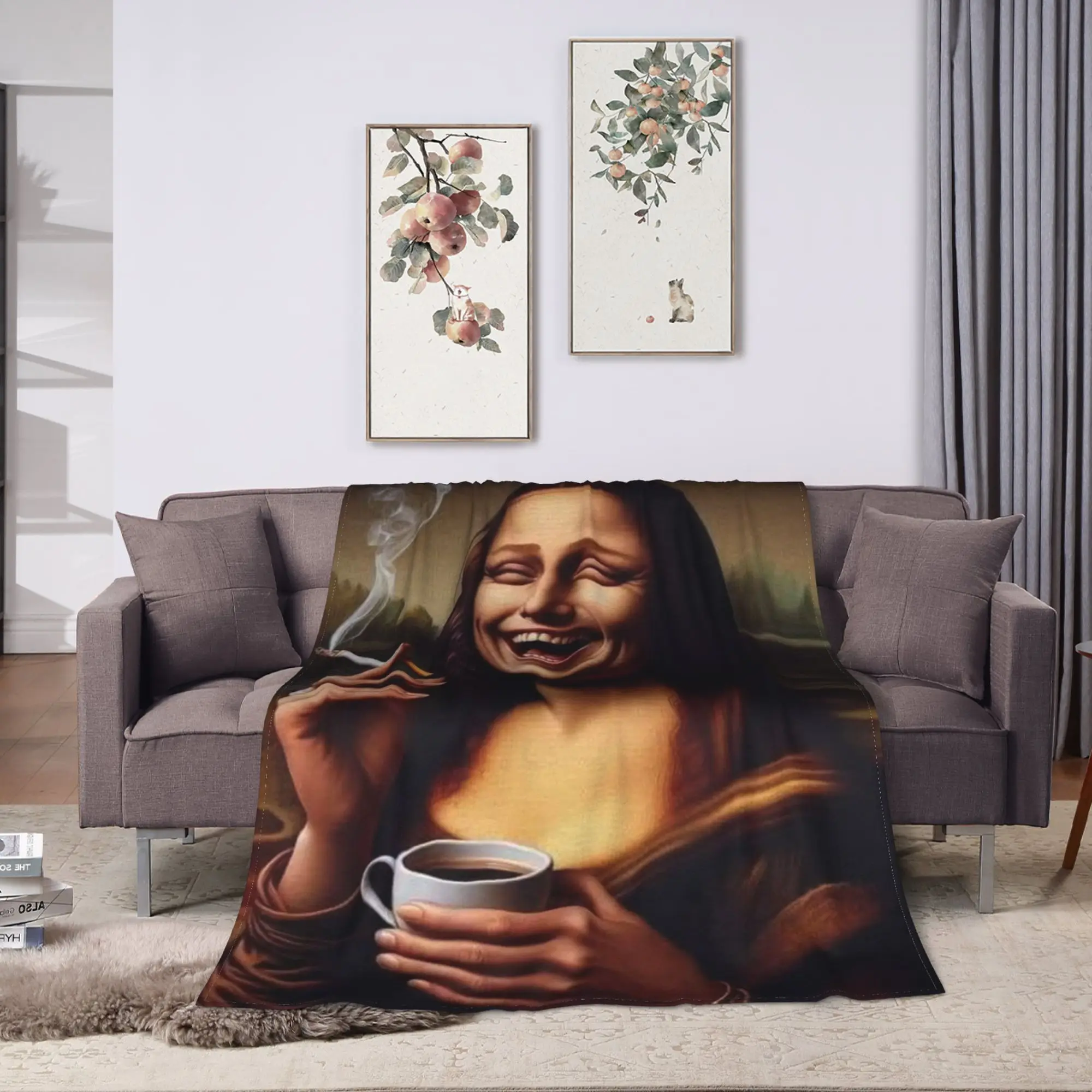 Funny Smoking Coffee Mona Lisa Warm Soft Blanket For Sofa Home  Novelty Throw Blanket Spring Travel Office Flannel Bedspread