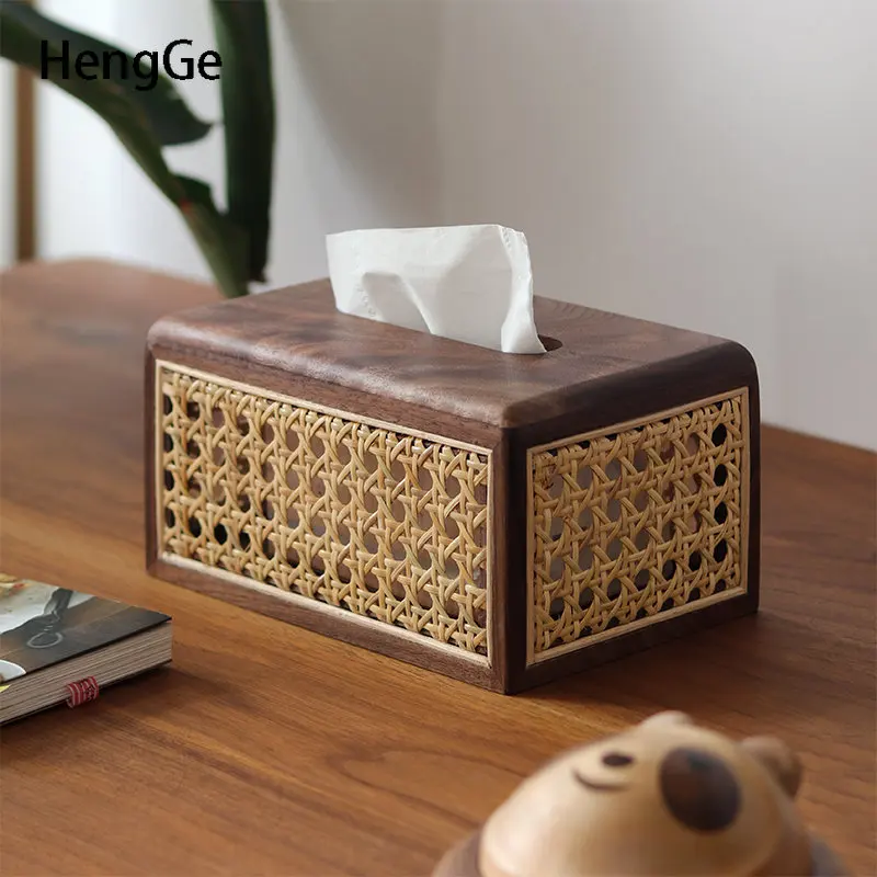 

Nordic Rattan Weaving Wood Tissue Box Modern Desktop Black Walnut Wood Living Room Napkin Box Coffee Table Ornaments Decorative