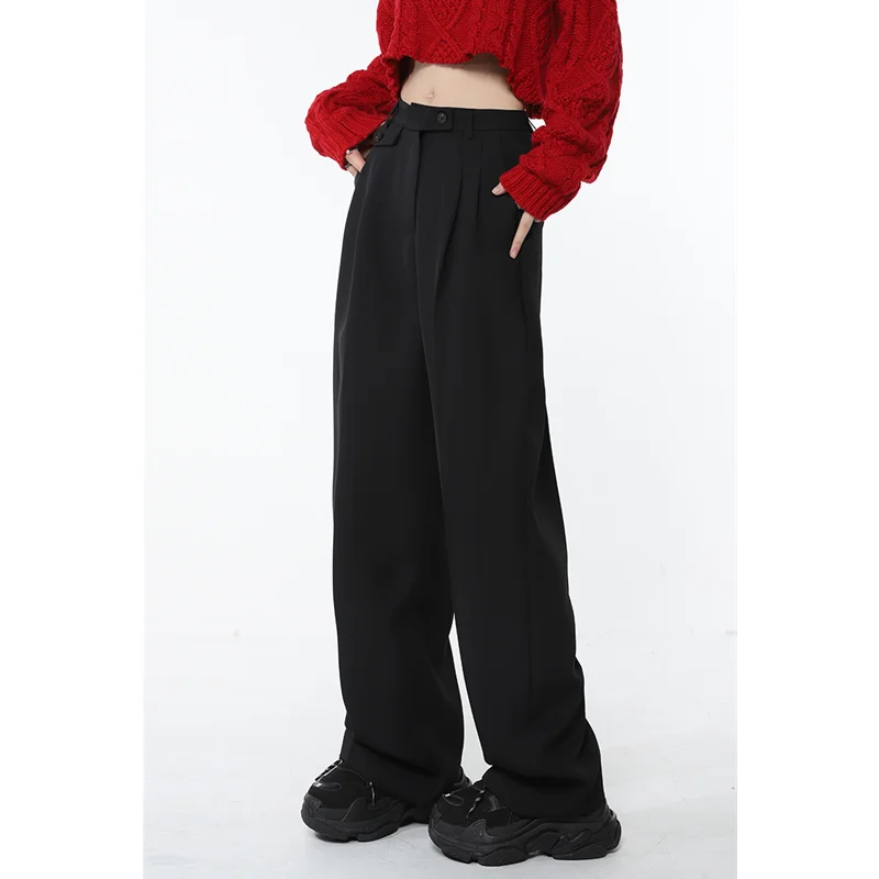 

Black Womans Pants High Waist Vintage Advanced Sense Straight Trouser American Baggy Wide Leg Casual Draping Feeling Suit Pants