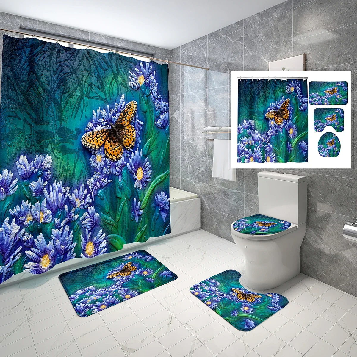 4 Pcs Oil Painting Butterfly Shower Curtain Sets with Toilet Lid Cover and Non-slip Bath Mat Psychedelic Art Shower Curtain Set