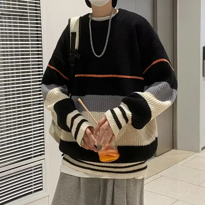 

Loose Fit Color Blo Men's Knitwear Autumn Winter Baseball Collar Long Sve Teenager Trendy Sweater Comfortable Overhead Top