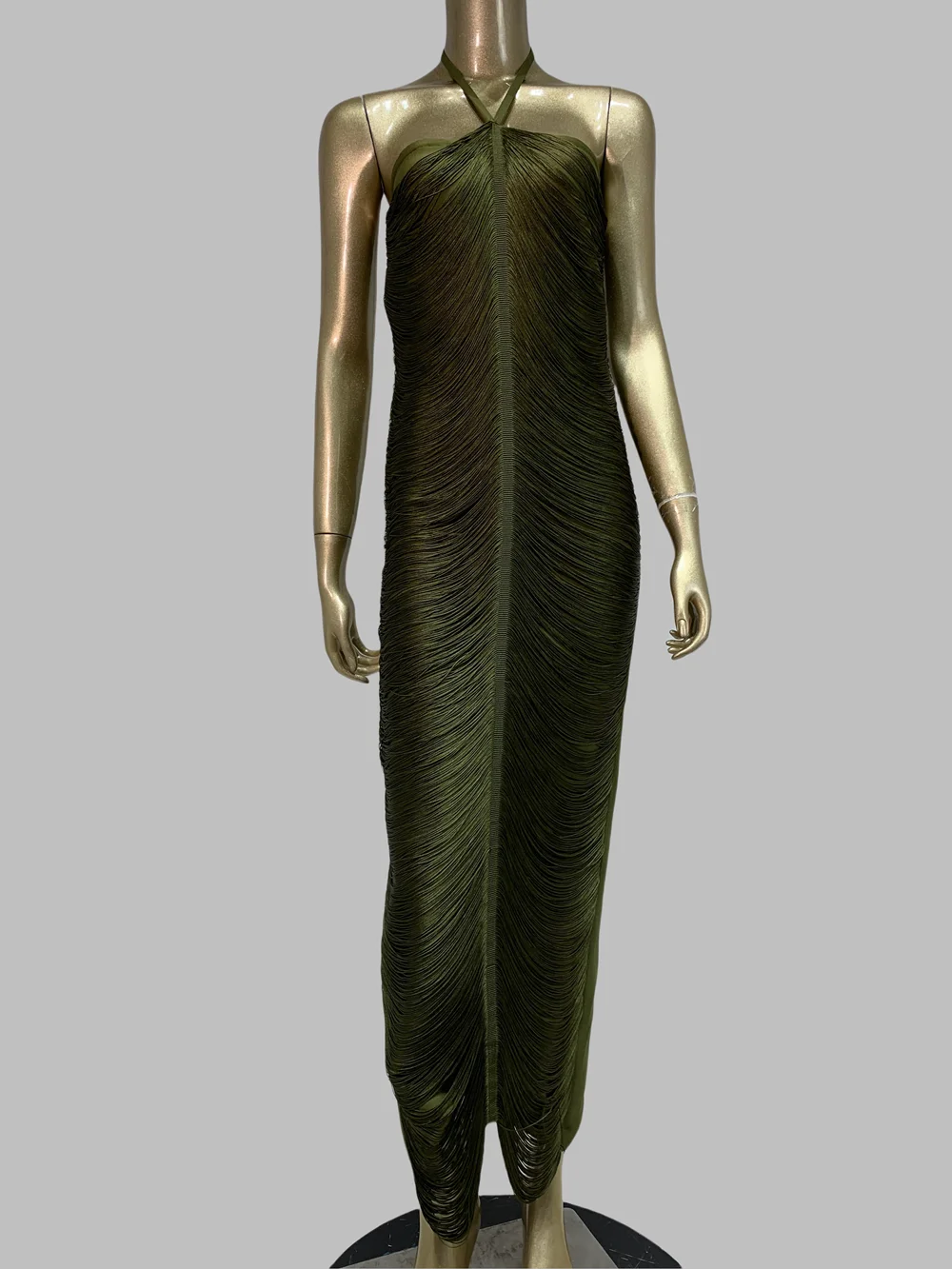 

Women Luxury Olive Halter Drapped Ankle Length Bandage Dress Elastic One Piece Celebrity Evening Party Birthday Gala Gowns