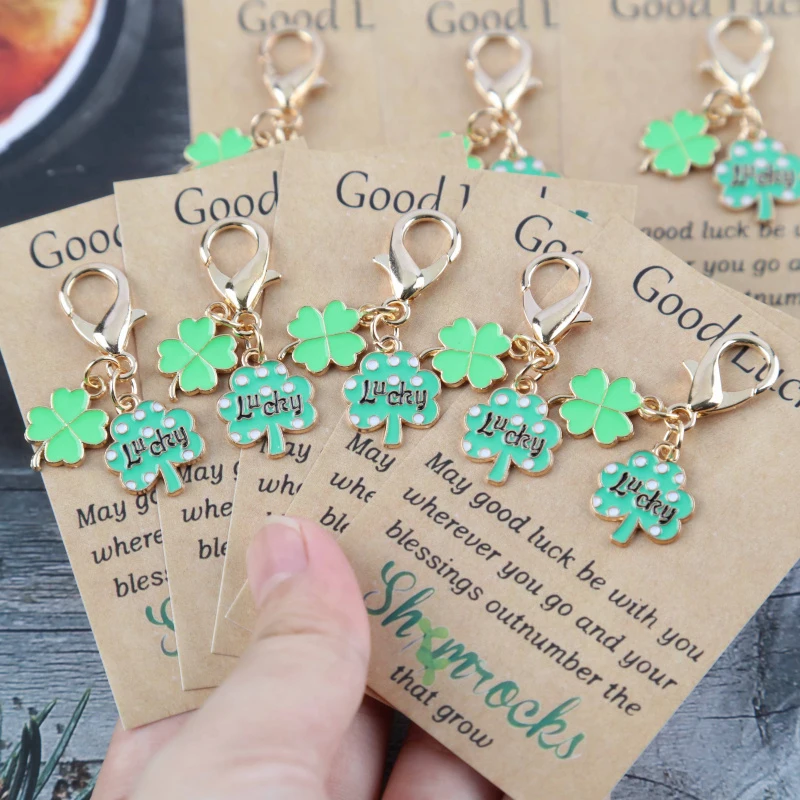 10Set Lucky Four-Leaf Clover and Lucky Tree Keychain Set - Bring a lucky greeting card Botanical design，Lobster Clasp - St. Patr