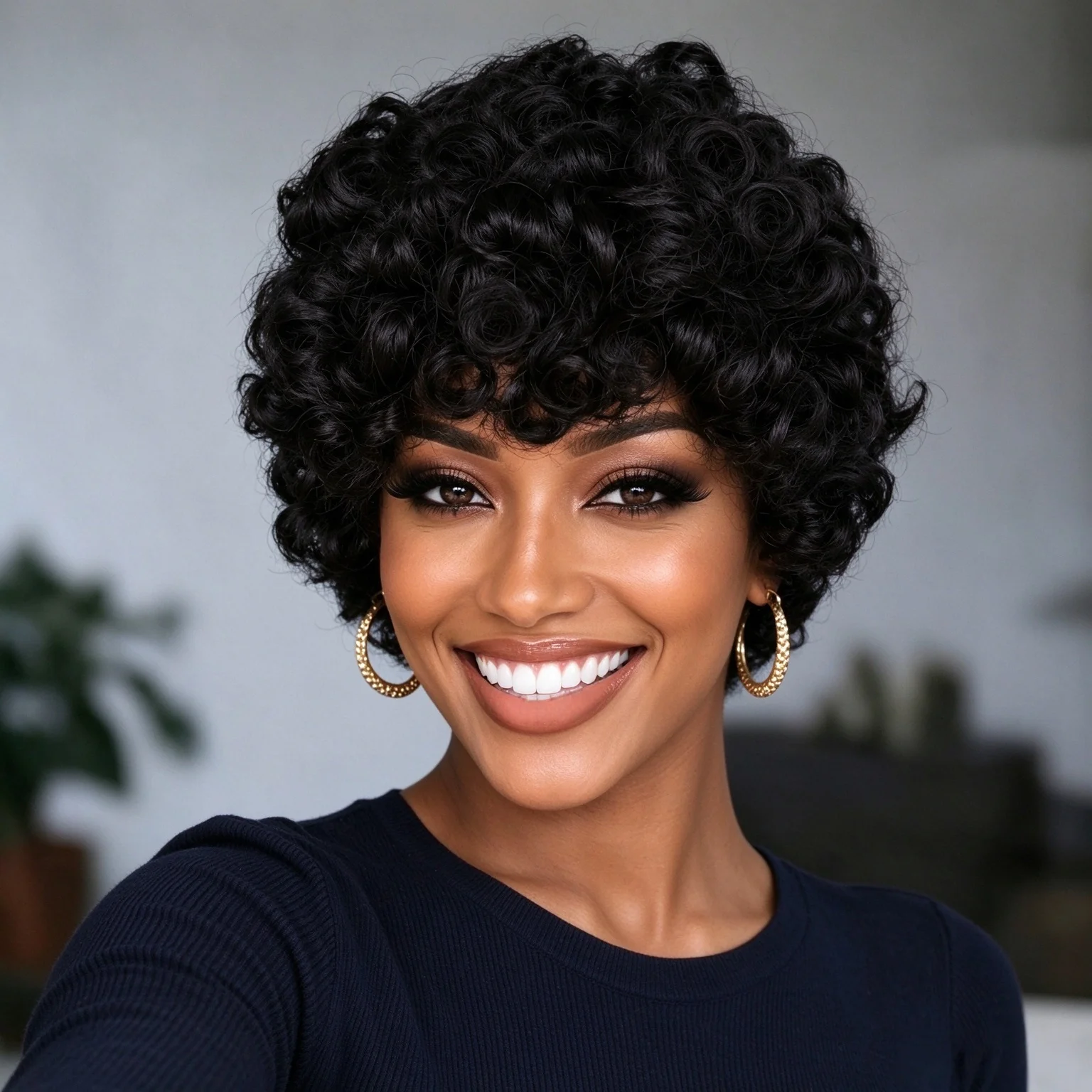 Short Pixie Afro Kinky Curly Brazilian Remy Human Hair Wig With Bangs, Glueless Full Machine Made Wig, Fluffy Natural Black Cur