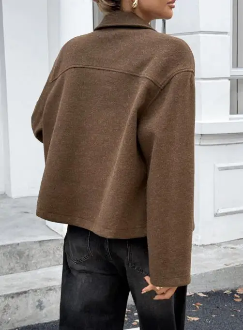 Autumn and Winter Solid Color Lapel Casual Simple Short Jacket for Women Commuting British Style Fashionable Short Jacket