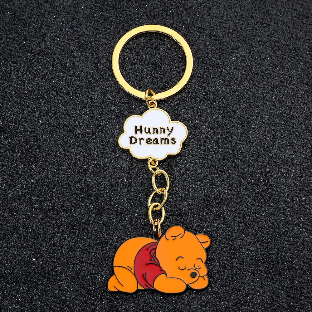 Disney Anime Figure Pooh Bear Keychain Sleep Winnie Enamel Pendant Keyrings for Backpack Car Ornament Accessories Gifts for Kids