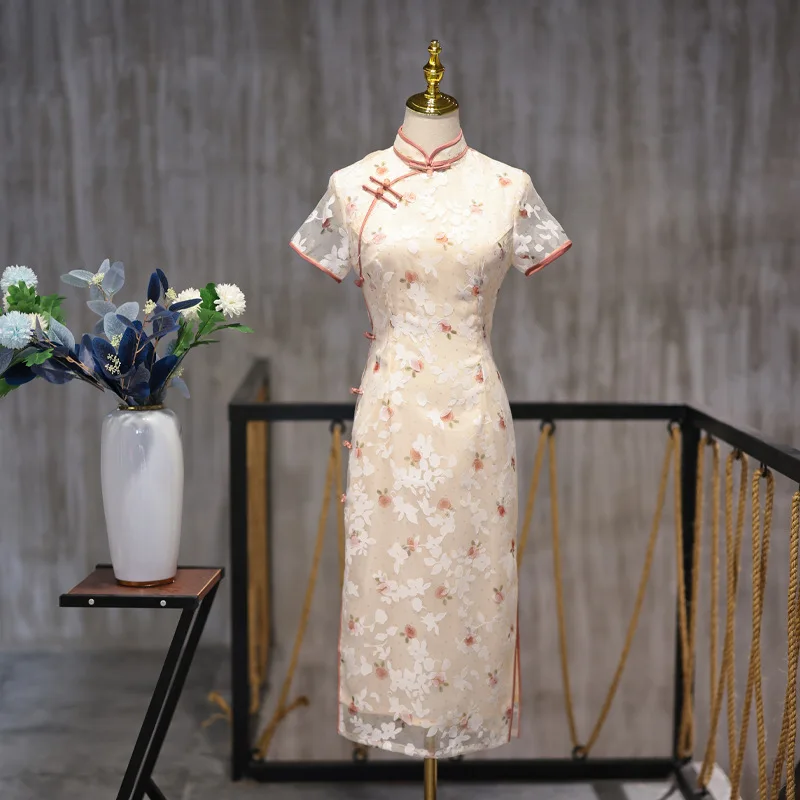 

Pink Floral Cheongsam Women Short Sleeve Fashion Mid Long Chiffon Dress Slim Vintage Chinese Traditional Qipao S To 2XL