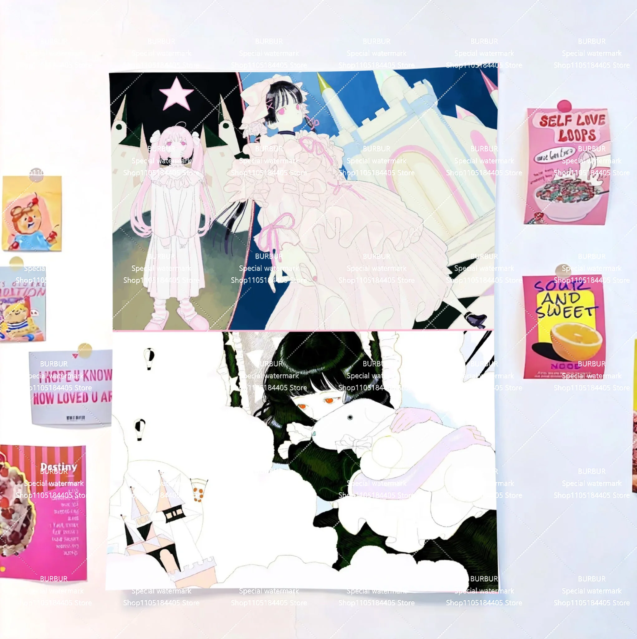 Dreams of Pink Lolita Illustrations Schlafzimmer- und Wohnheimdekoration, Fotohintergrund für den Innenbereich W