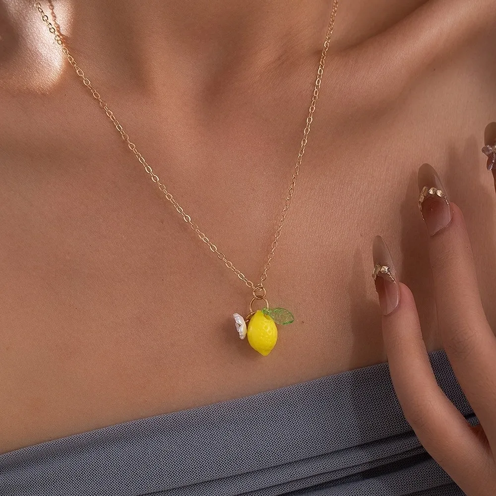 Fashion Sweet Lemon Shaped Necklace Flower Acrylic Dangle Earrings Trendy Cute Fruit Hooks Earring Casual Wear