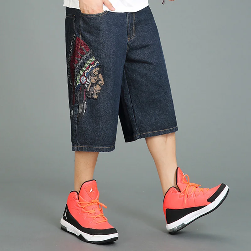 Summer Men's Loose Wide Leg Shorts Fashion Embroidered Hip Hop Denim Oversize Baggy Washed Jeans Plus Size 44 46