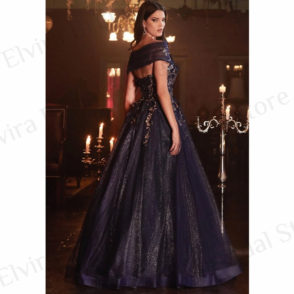 Customized Romantic Flowers Evening Dresses A-Line Ladies Tulle with Sequins Beads Off The Shoulder Backless Strapless Sweep Tra