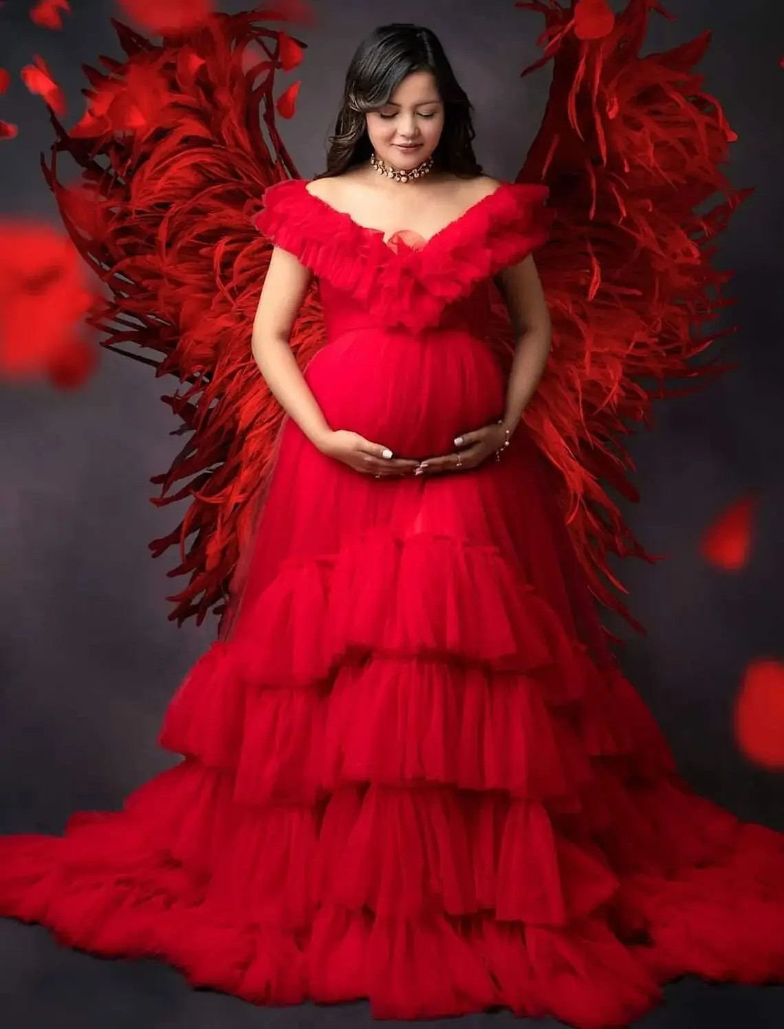 Batas de maternidad Rojas encantadoras para fotografía, hombros descubiertos, una línea, vestidos de embarazo, cuello en V, volantes escalonados, Babyshower