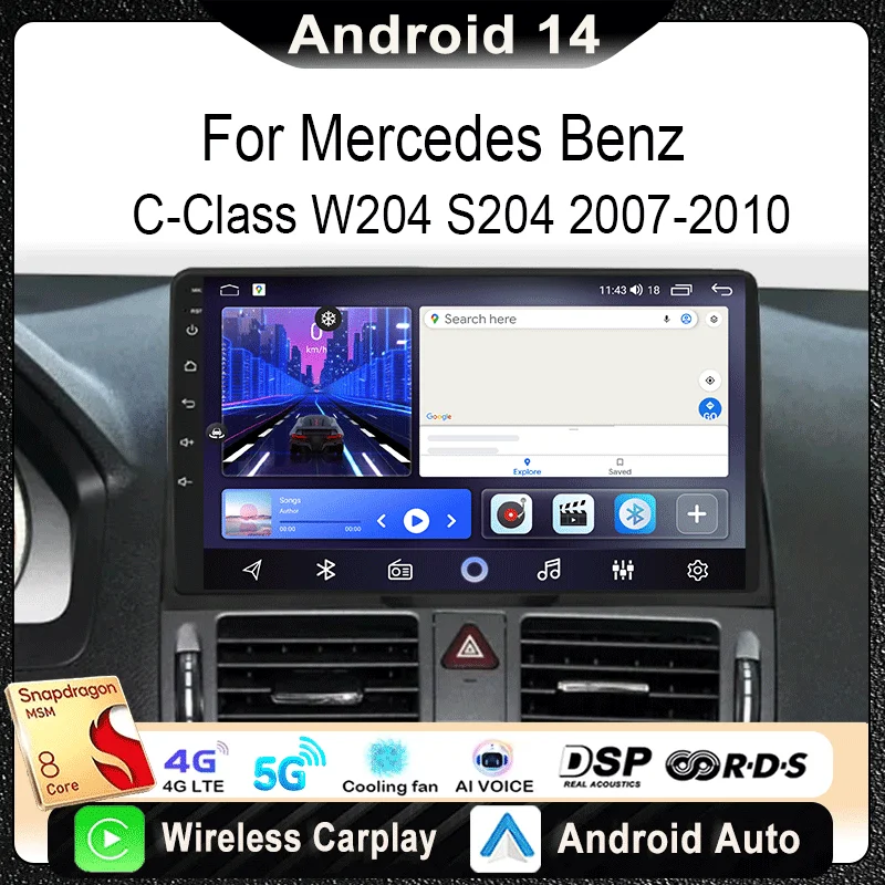 

For Mercedes Benz C-Class W204 S204 Car Radio Multimedia Video Player Navigation Stereo GPS Android 14 wireless Carplay DSP WIFI