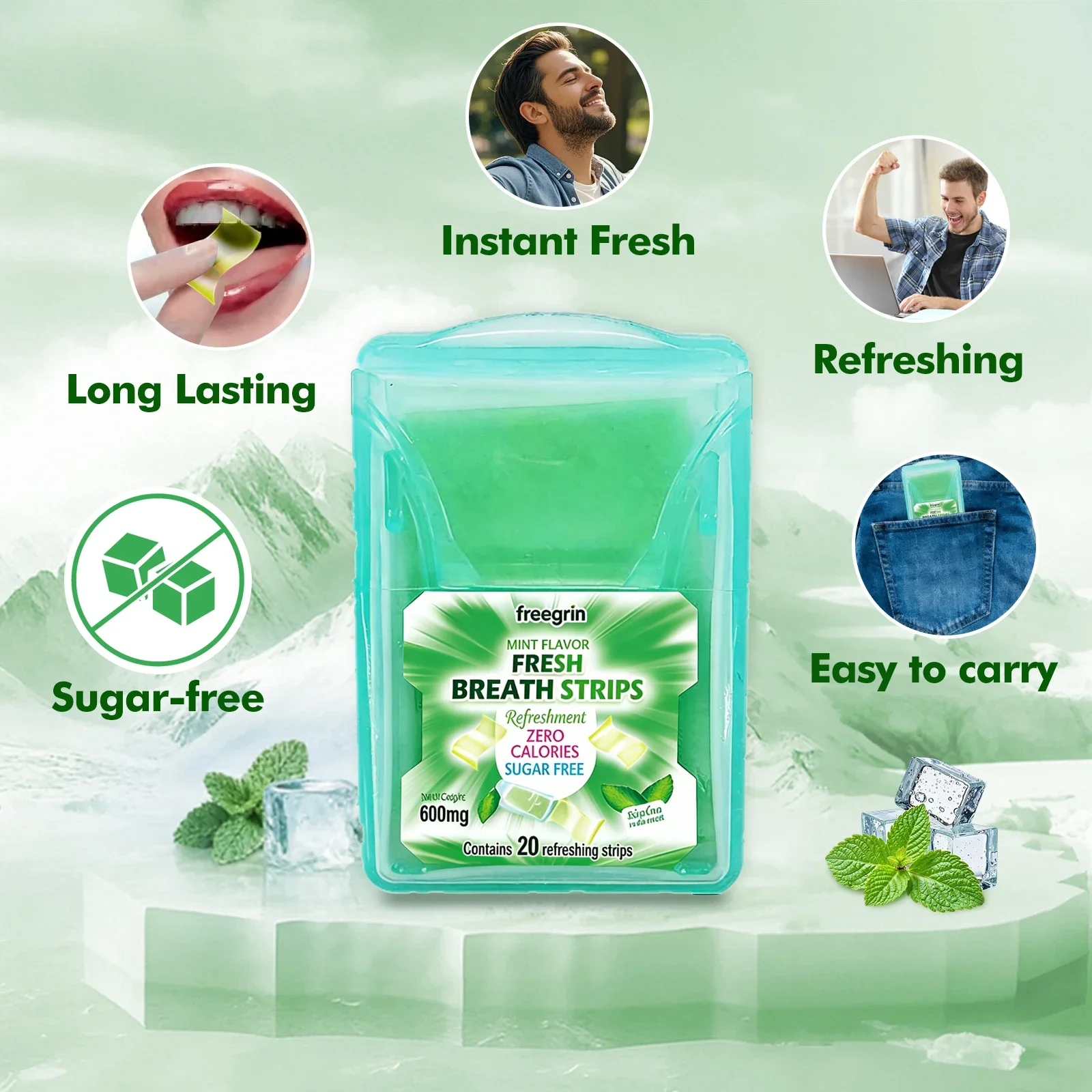 FREEGRIN Cool Mint Pocketpaks Breath Strips,Sugar-Free Dissolving Strips,20 Strips Per Pack,use for On-the-Go