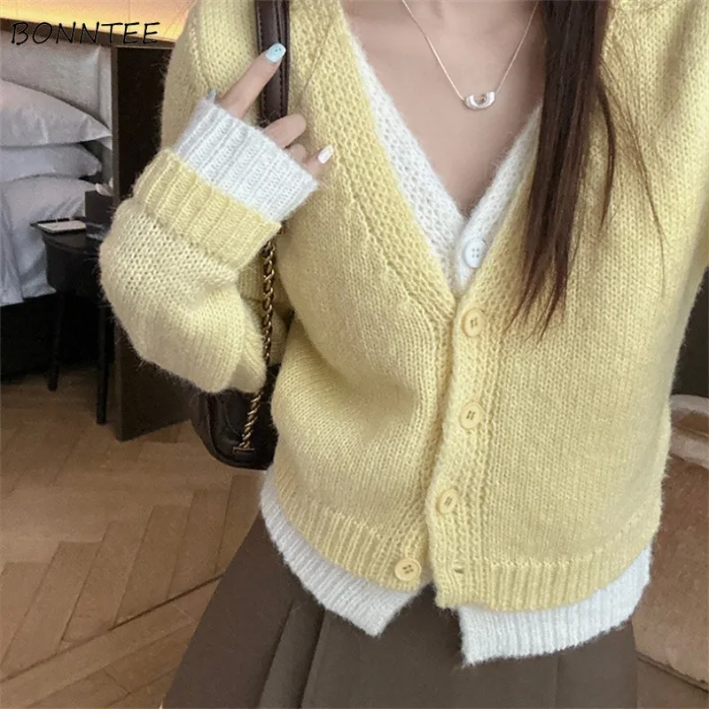 Cardigan Women Knitted College Ins Korean Fashion V-neck Trendy Fake 2pcs Tender Classy All-match Sweaters Autumn Outwear Chic