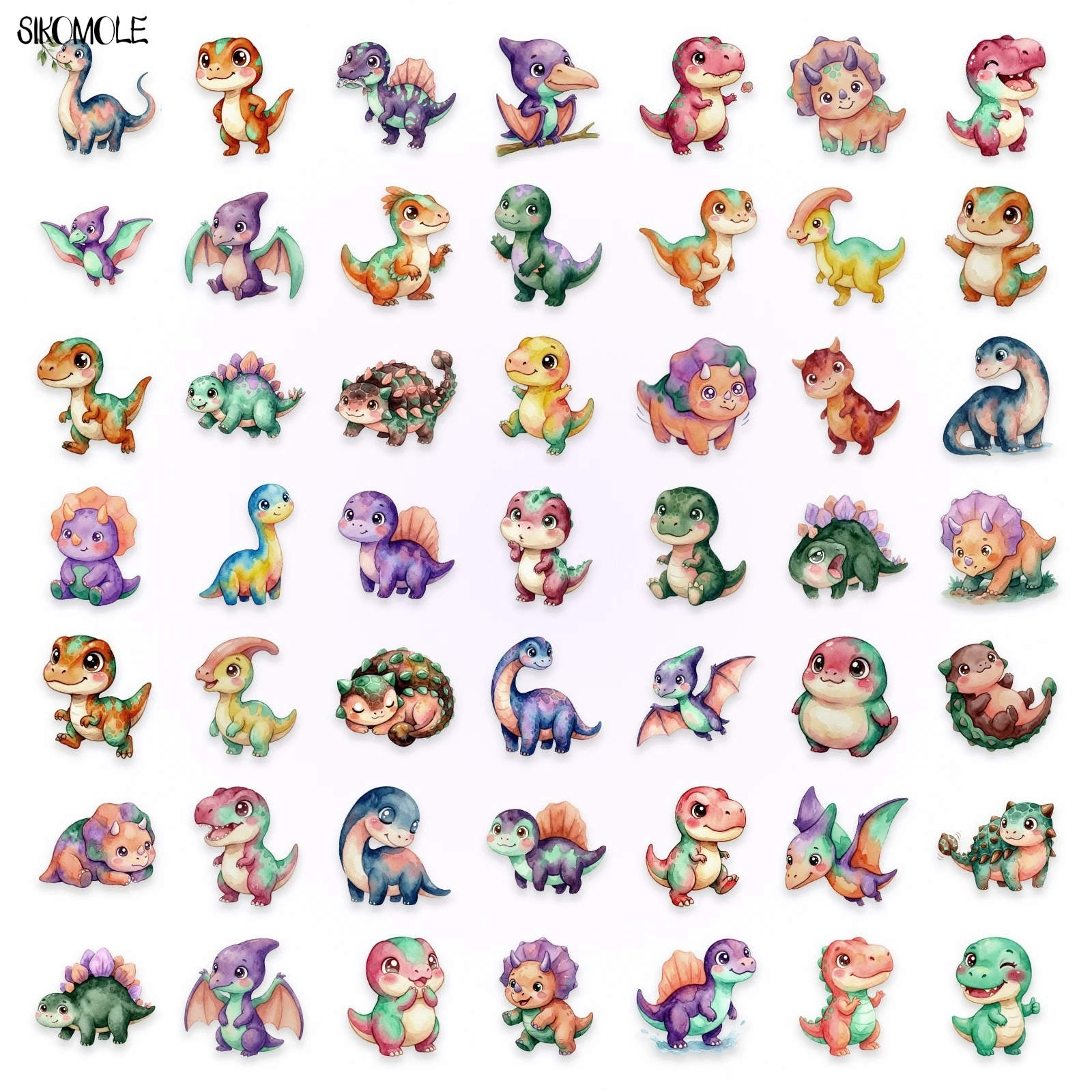 50pcs Transparent PET Cartoon Watercolor Dinosaur Stickers Handbooks Tablets Phone Water Cup Decor Stationary Notebook Sticker