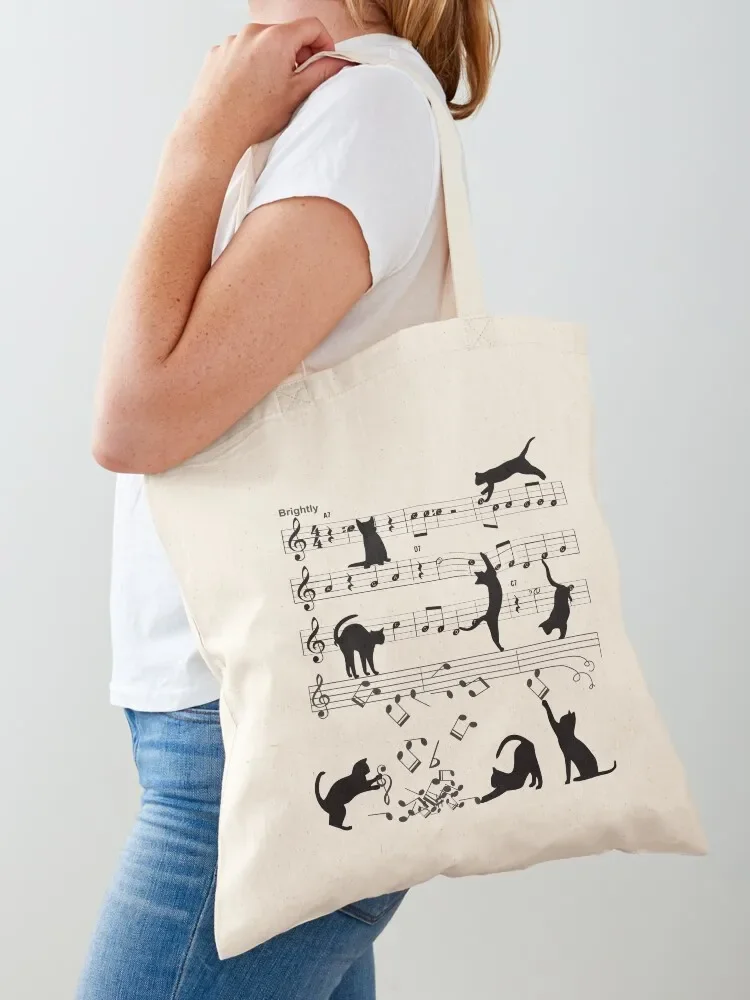 Cat Playing Clef Notes Piano Music Funny Musical Cats Cute Gift Tote Bag shopping trolley bag hand bag Canvas Tote