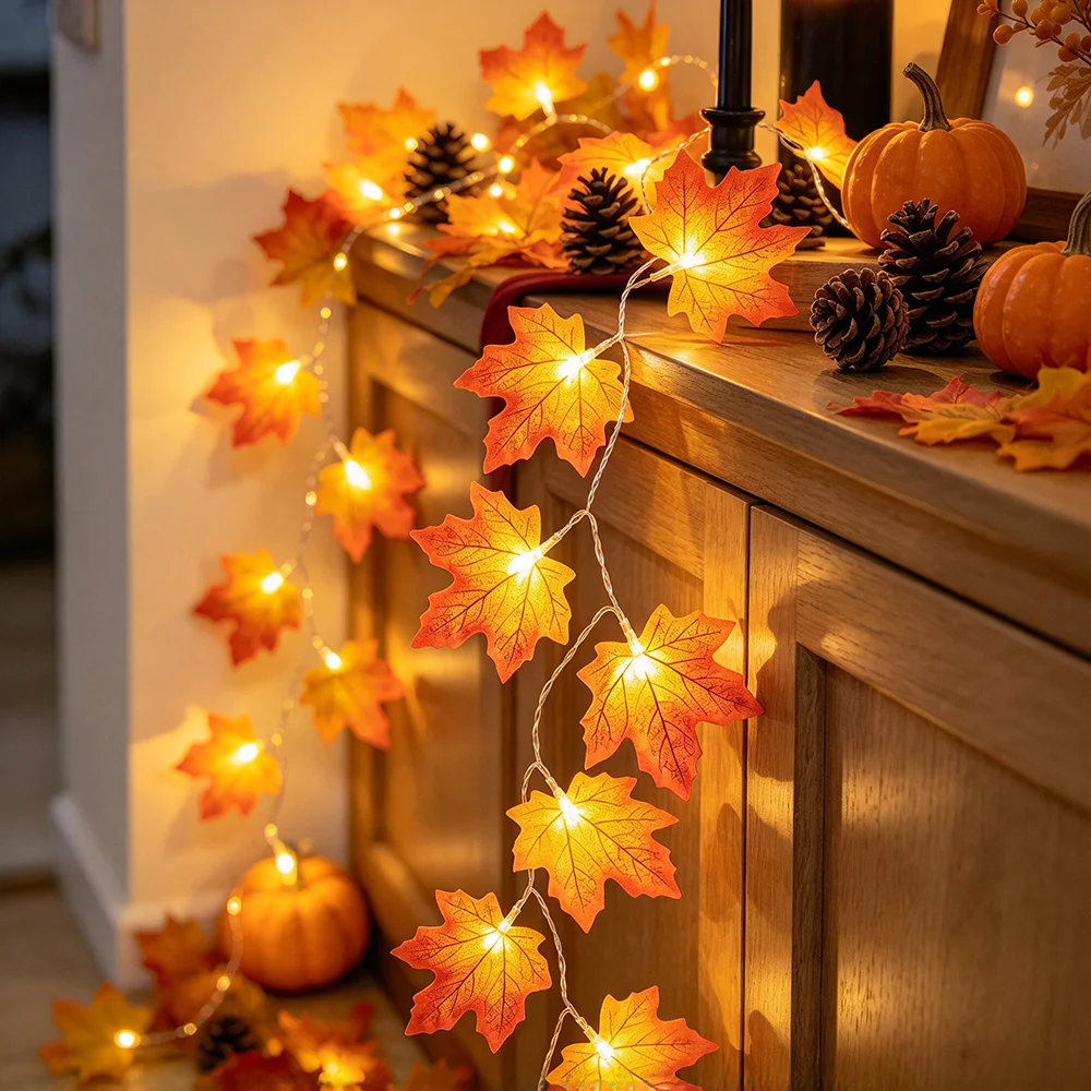 2pcs 3.1m/122in Fake Maple Leaf String Lights, 20 LED Fall Leaf Garland for Thanksgiving,Autumn Harvest Party Indoor Lighting
