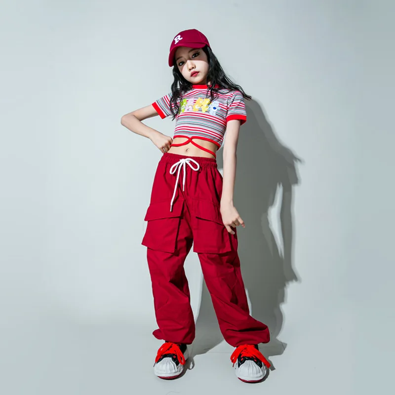Criança hip hop roupas bonito listra rendas até colheita topo t camisa vinho vermelho rua jogger calças de carga para menina jazz dança traje roupas
